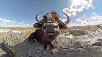 Curious Bison Approaches Camera in Open Field Under Sunny Skies. photo