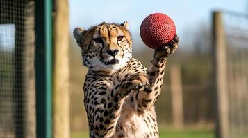Cheetah with a red ball in its paw shows playful and curious nature. photo