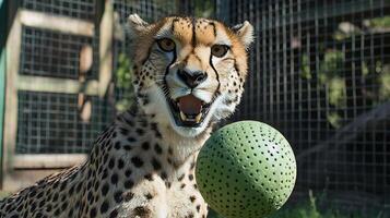 Cheetah close up ready to play with a green ball in a zoo. photo