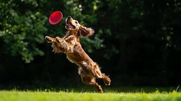 Energetic Dog Leaps High to Catch Flying Red Disc. photo