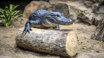Fierce Alligator Resting on a Textured Log in its Natural Habitat. photo