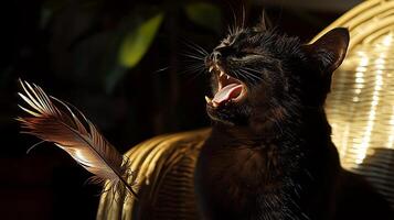 A Black Cat Yawns Showing Its Sharp Teeth Near A Feather. photo