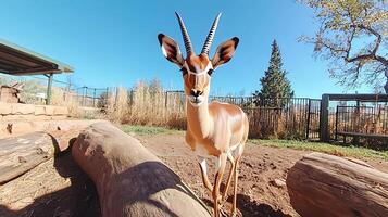 Gazelle Stands Tall Under Clear Blue Skies in Zoo Enclosure. photo