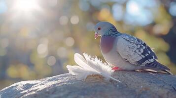 Gentle Pigeon with White Feather on a Rock in Soft Sunlight. photo