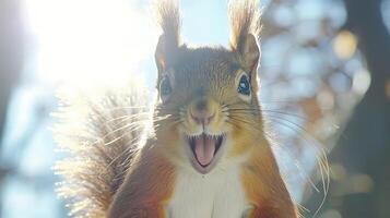 Adorable Squirrel With Mouth Open in Bright Sunlight. photo