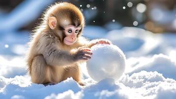 Adorable Baby Monkey Plays with a Snowball in a Winter Wonderland. photo