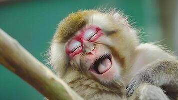 Adorable Monkey Yawns Wide While Resting on a Branch. photo