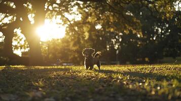 Happy Dachshund Playing in Golden Hour Sunlight in Park. photo