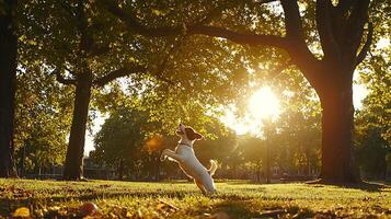 Joyful Dog Jumps in Golden Hour Sunlight in a Park. photo