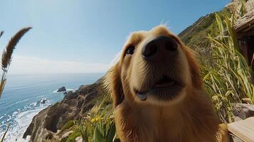 Curious Golden Retriever Enjoys a Sunny Day by the Ocean Cliffs. photo