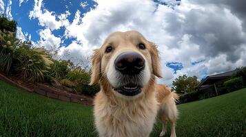 Golden Retriever Dog Peeking Through the Clouds on a Grassy Lawn. photo