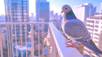 Pigeon perched on a balcony railing overlooking a city skyline. photo
