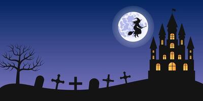 Halloween scary background. Cartoon illustration of creepy cemetery and haunted house at night. Background with moon and witch on broom. vector