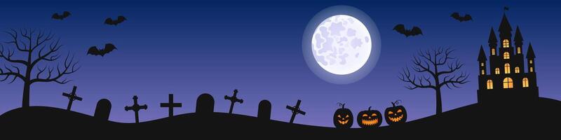 Halloween scary horizontal background. Illustration of creepy cemetery and haunted house at night. Background with moon, bats and pumpkins. vector