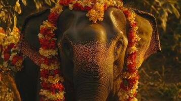 Majestic Elephant Adorned with Colorful Flowers in Golden Hour Sunlight. photo