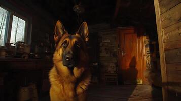 Loyal German Shepherd Waits in a Cozy Rustic Cabin by the Window. photo