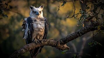 Majestic Harpy Eagle Perched on a Tree Branch in Soft Light. photo