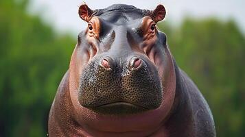 Majestic Hippo Up Close, Facing Forward with Intense Gaze. photo