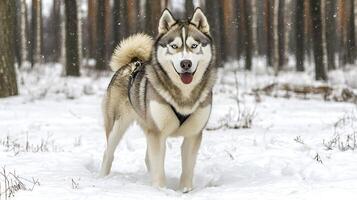 Adorable Husky enjoys a beautiful snowy day in the forest. photo