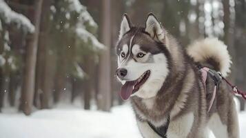 Happy Husky Ready for a Winter Adventure in Snowy Forest. photo