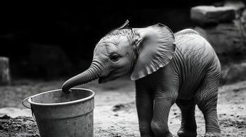Adorable baby elephant curiously investigates an empty bucket in black and white. photo