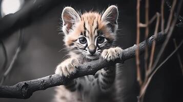 Adorable young wild cat clinging to a tree branch. photo
