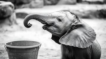 Curious baby elephant reaching for a bucket in black and white. photo