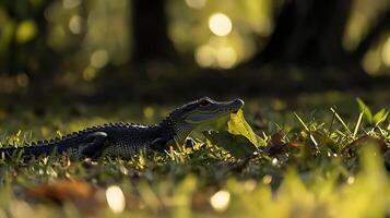 Baby alligator in soft sunlight with lush green leaves. photo