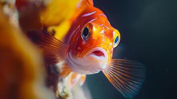 Bright Orange Fish With Open Mouth Underwater Close Up. photo