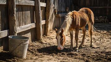 A Gentle Horse Grazes in a Rustic Farmyard Setting. photo