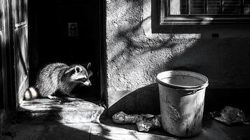 Curious Raccoon Investigates Discarded Trash Can in Moody Black and White Scene. photo