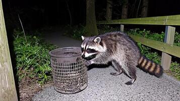 Curious raccoon rummages through a trash can at night. photo