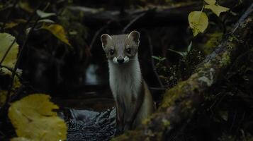 Curious Weasel Peeks Out from Mossy Riverbank in Autumn Woods. photo