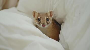 Curious Little Weasel Peeks Out From Cozy White Blanket. photo