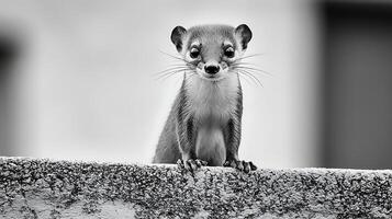 Curious Little Creature Peeks Over the Edge in Black and White. photo