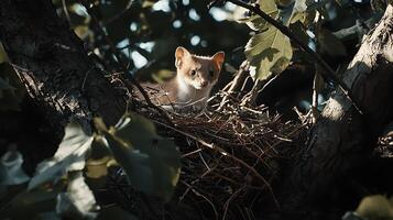 Adorable Weasel Peeks Out From Its Cozy Nest in a Tree. photo