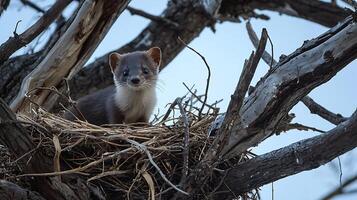 Adorable Weasel Peeking Out From Its Cozy Nest in a Tree. photo