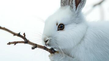 Adorable White Rabbit Nibbling on a Twig in Snowy Environment. photo