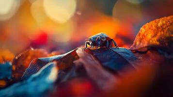 Detailed Macro View of a Beetle on a Textured Leaf with Warm Bokeh Lights. photo