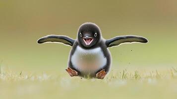 Adorable baby penguin excited and flapping its wings on green grass. photo