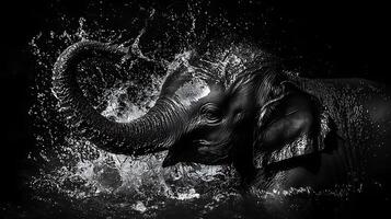 Majestic Elephant Enjoys Refreshing Splash in Dramatic Black and White. photo