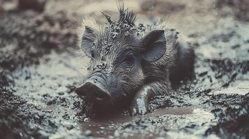 Adorable baby piglet enjoys a delightful muddy bath in the wild. photo