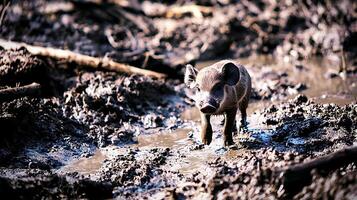 Adorable Muddy Piglet Exploring a Wet, Gritty Environment. photo