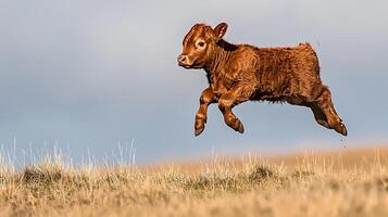 Adorable Calf Leaping Through a Grassy Field in Joyful Motion. photo