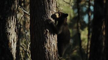 Adorable baby bear climbs up a tree in the forest. photo