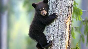 Adorable baby bear climbs a rough tree trunk in the forest. photo