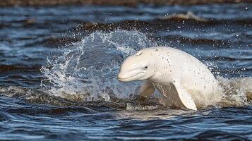 Playful Beluga Whale Breaks Surface with Splash and Joyful Expression. photo