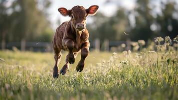 Adorable Calf Leaps Joyfully Through a Sunlit Meadow. photo