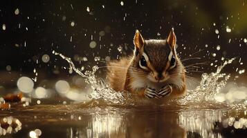 Adorable chipmunk enjoying a refreshing splash in the water. photo