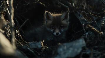 Curious Baby Fox Peeks Out from Its Cozy Den in the Woods. photo